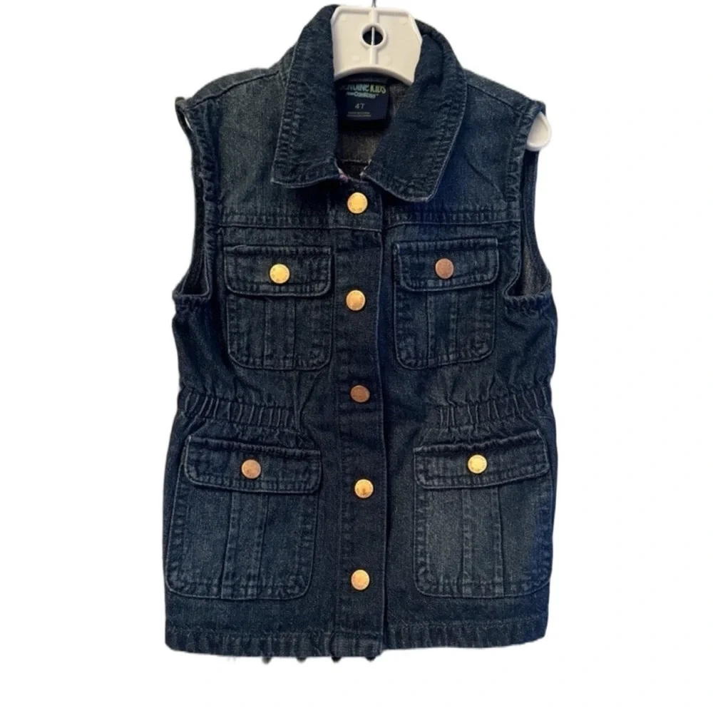 OshKosh B’gosh Genuine Kids Denim Utility Vest Girls 4T Dark Wash Snap Front